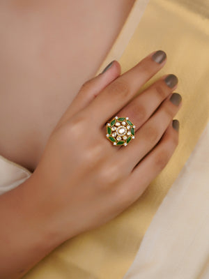 Sitaratna green enamel floral moissanite statement ring handcrafted in 925 sterling silver