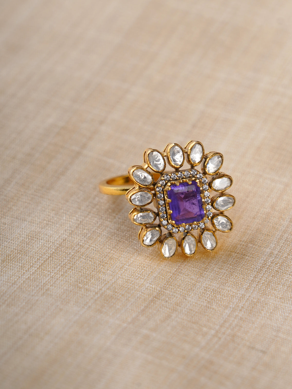 Sitaratna green leaf and white moissanite cluster ring styled on hand