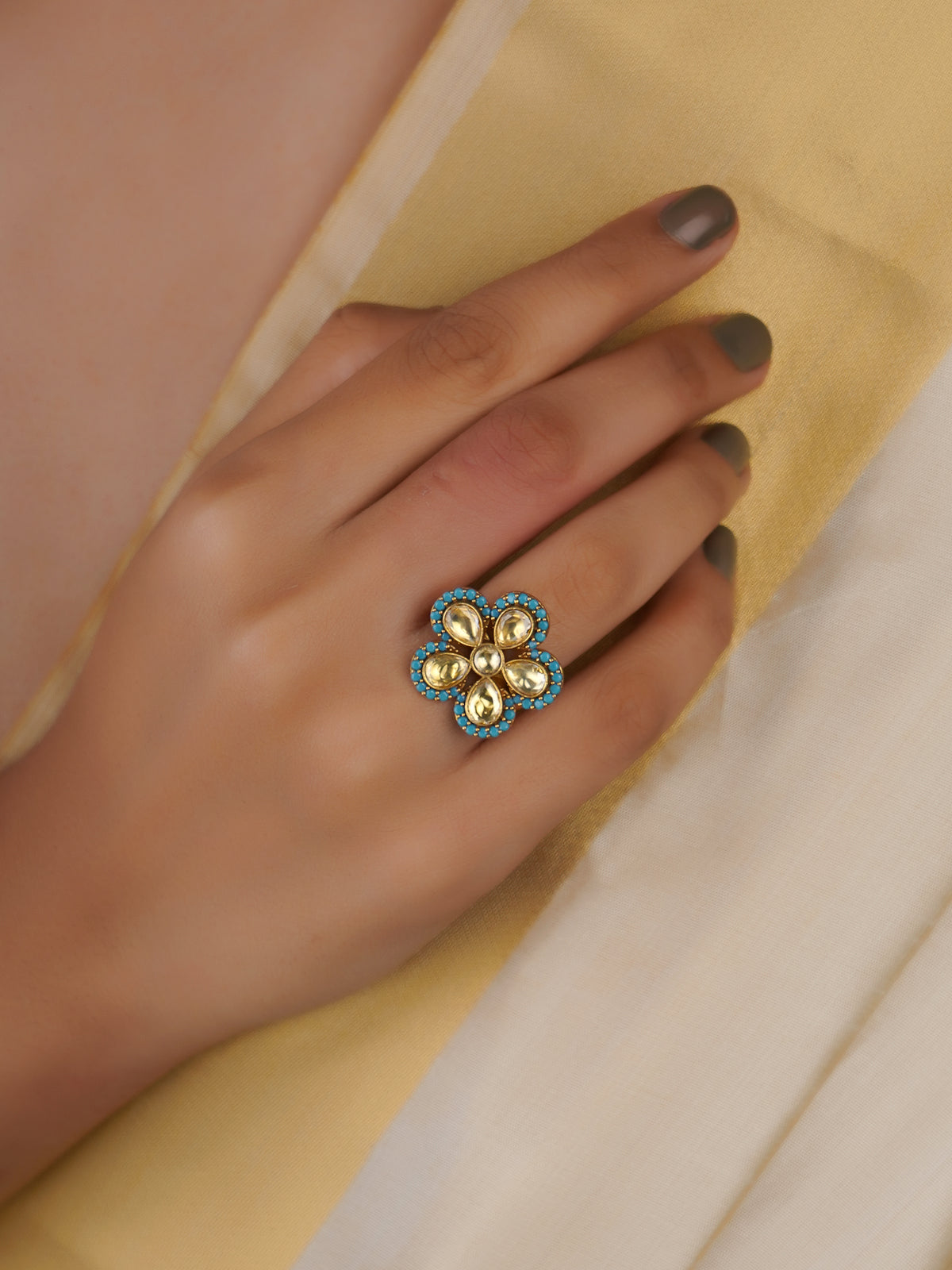 Sitaratna turquoise floral moissanite statement ring handcrafted in 925 sterling silver