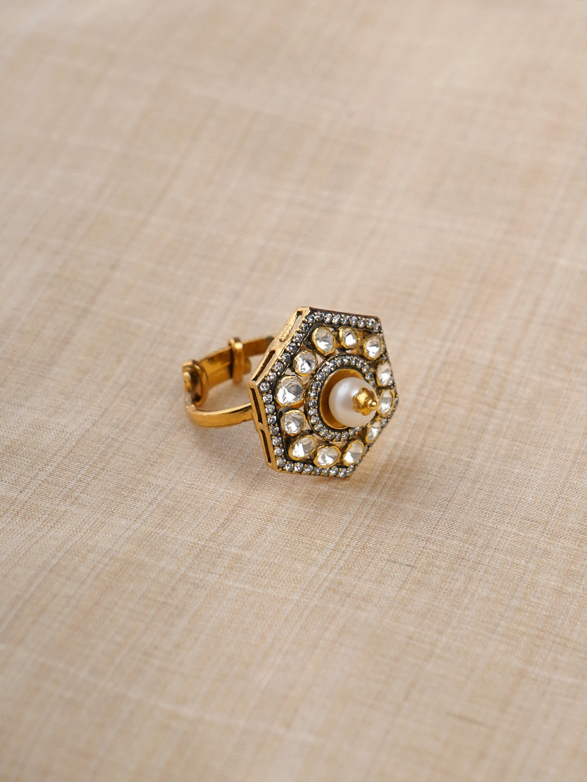 Sitaratna hexagonal pearl moissanite ring close-up in gold-plated 925 sterling silver
