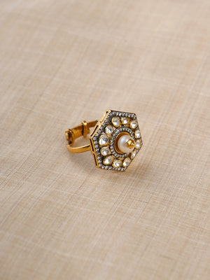 Sitaratna hexagonal pearl moissanite ring close-up in gold-plated 925 sterling silver