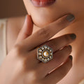 Sitaratna hexagonal pearl moissanite statement ring handcrafted in 925 sterling silver