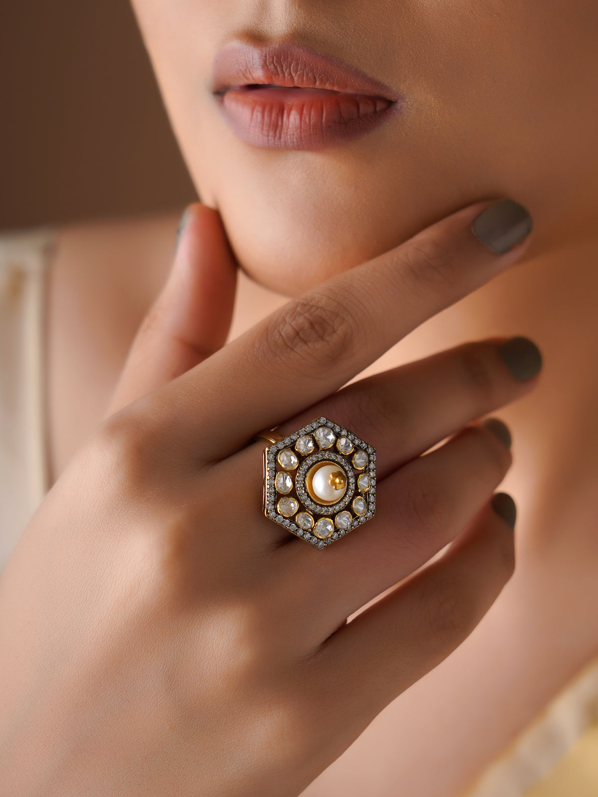 Sitaratna hexagonal pearl moissanite statement ring handcrafted in 925 sterling silver
