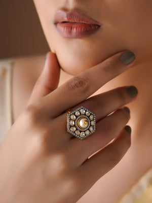 Sitaratna hexagonal pearl moissanite statement ring handcrafted in 925 sterling silver