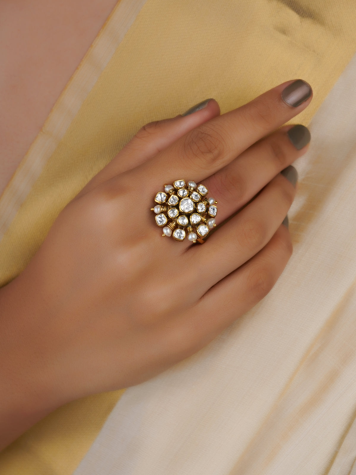 Sitaratna pearl cluster moissanite statement ring handcrafted in 925 sterling silver