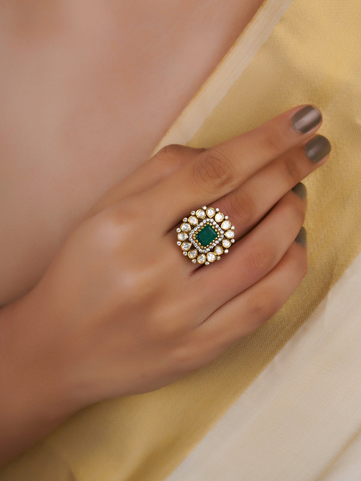 Sitaratna emerald green centre moissanite ring handcrafted in 925 sterling silver