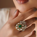 Sitaratna green carved peacock moissanite statement ring styled on hand