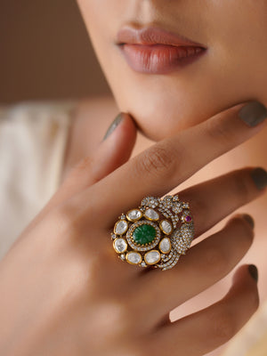 Sitaratna green carved peacock moissanite statement ring styled on hand