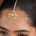 Sitaratna pearl fringe moissanite maang tikka styled on model
