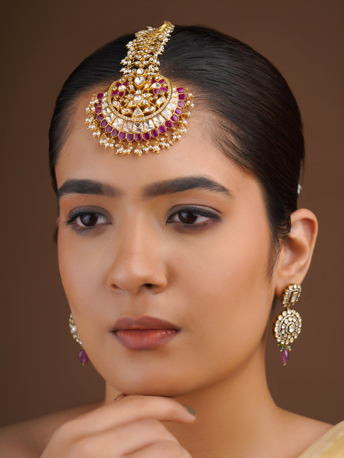Sitaratna magenta pearl moissanite statement maang tikka with ornate head chain
